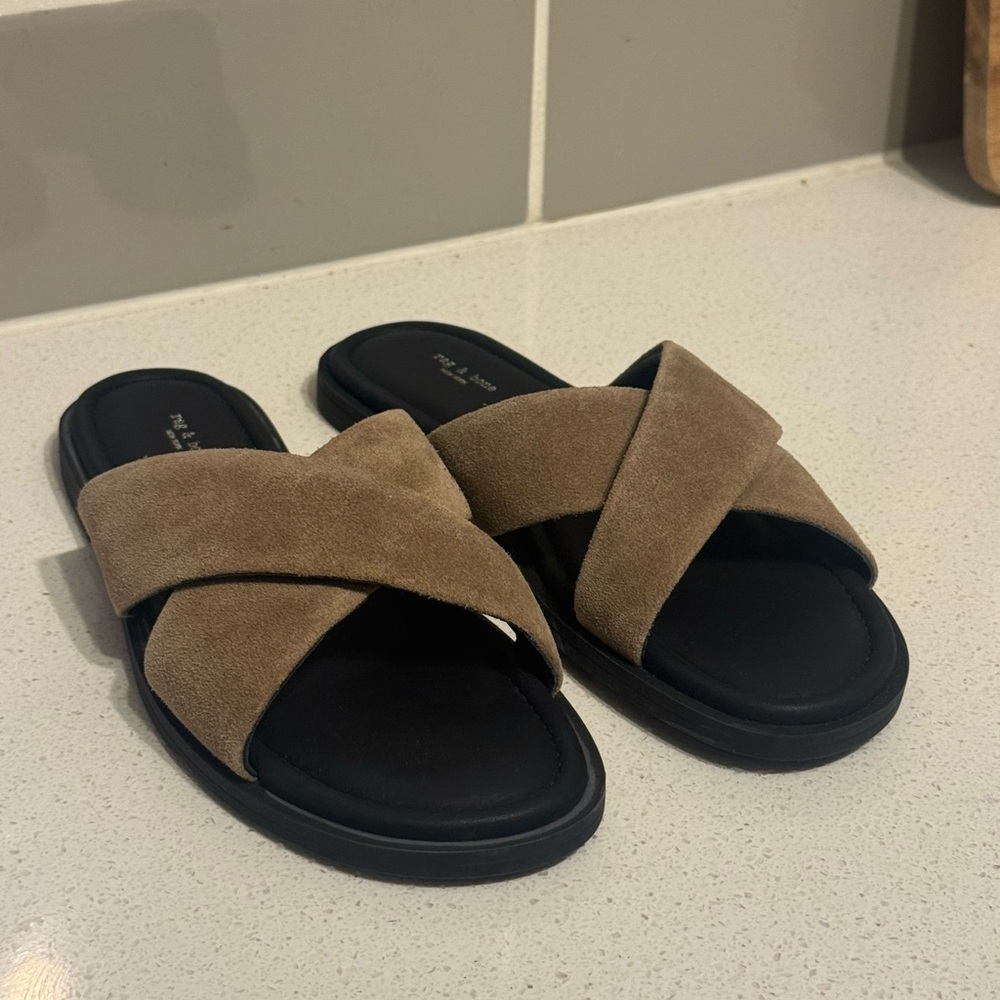 New Rag & Bone Brown Suede Cross Strap Sandals – Women’s Designer Summer Flats - Picture 7 of 12